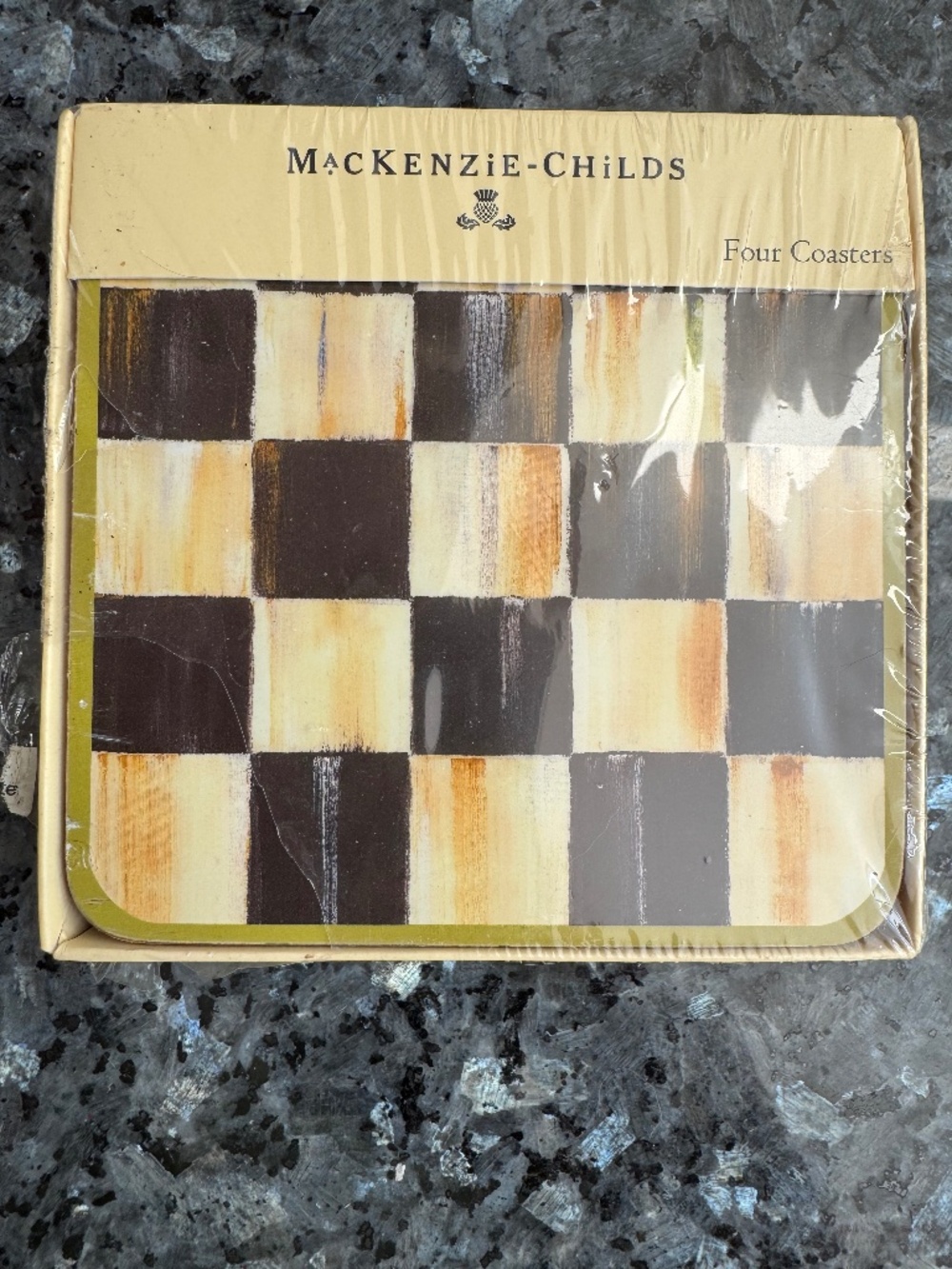MacKenzie-Childs Courtly Check New Unopened Cork Backed Coasters Set of 4
